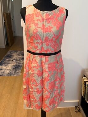 LOFT pink and cream sleeveless tea dress with black trim- size 6